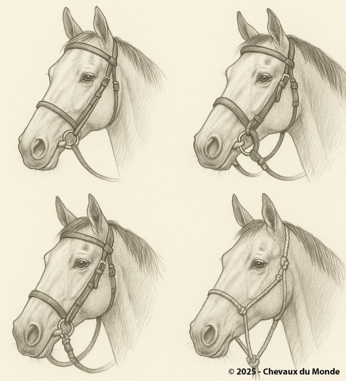 Dessin au crayon de différents types de brides pour chevaux (filet simple, bride complète, hackamore, licol éthologique)