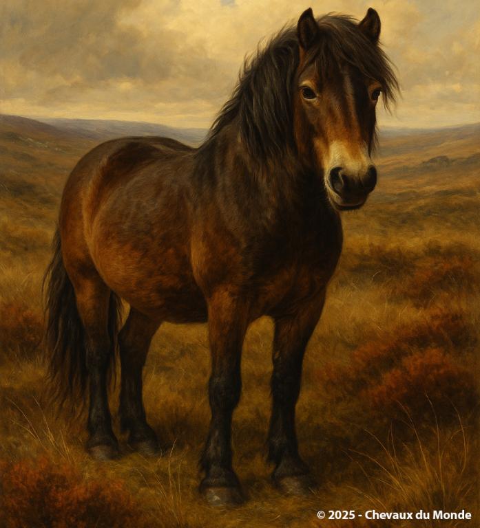 Exmoor Pony dans les landes d’Angleterre, race primitive menacée protégée par des programmes internationaux de conservation.