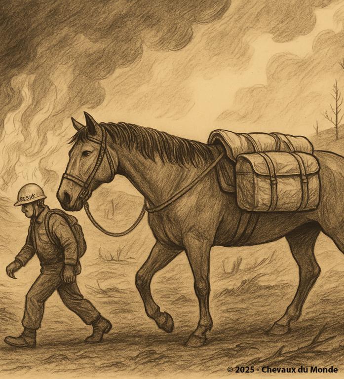 Illustration vintage en sépia montrant un sauveteur guidant un cheval chargé de matériel humanitaire dans un paysage ravagé par un incendie, symbole du rôle des équidés dans la gestion des catastrophes.