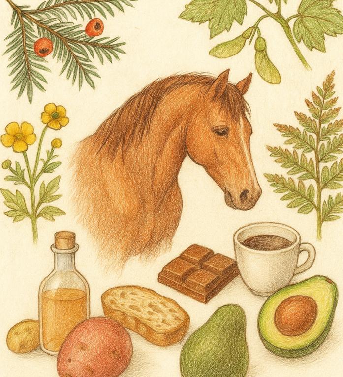 Illustration au crayon coloré d’un cheval entouré de plantes toxiques (if, érable sycomore, colchique, fougère) et d’aliments interdits (chocolat, café, avocat, pain, pomme de terre).