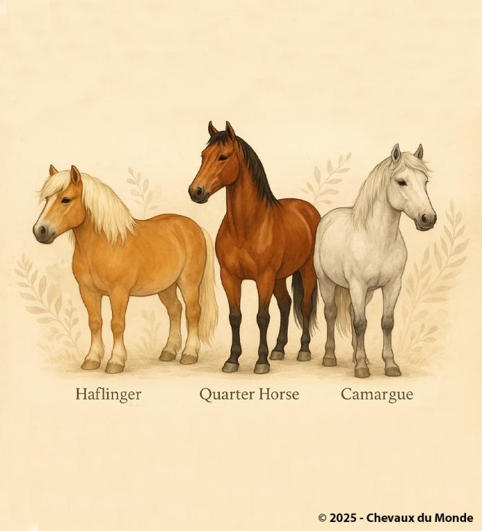 Illustration de trois chevaux de races différentes : un Haflinger alezan crins lavés, un Quarter Horse bai et un Camargue gris. Présentation en vue latérale sur fond clair avec ornements végétaux stylisés.