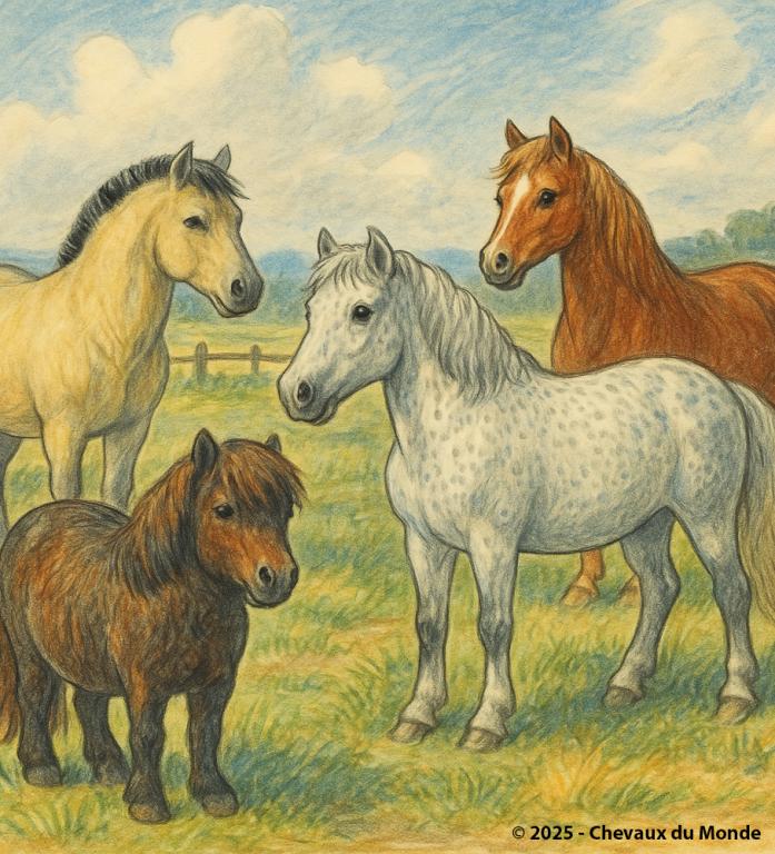 Illustration colorée de quatre poneys de races différentes (Shetland, Connemara, Welsh et Fjord) dans un paysage champêtre.