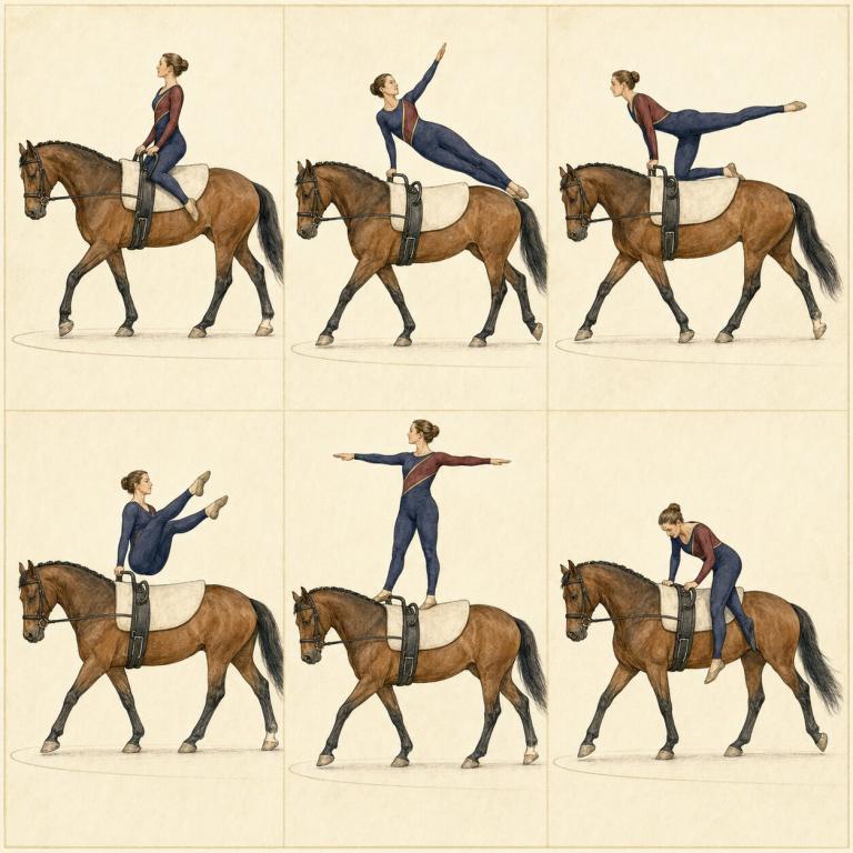 Illustration de six figures de voltige équestre réalisées sur un cheval bai équipé d’un surfaix.
