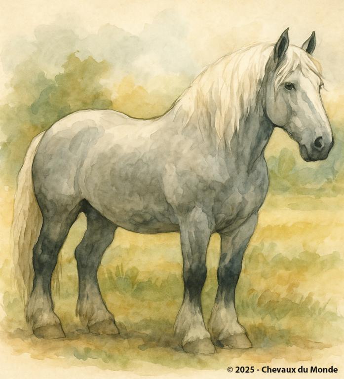 Cheval Boulonnais représenté en aquarelle, massif et élégant, symbole des programmes de préservation en France.