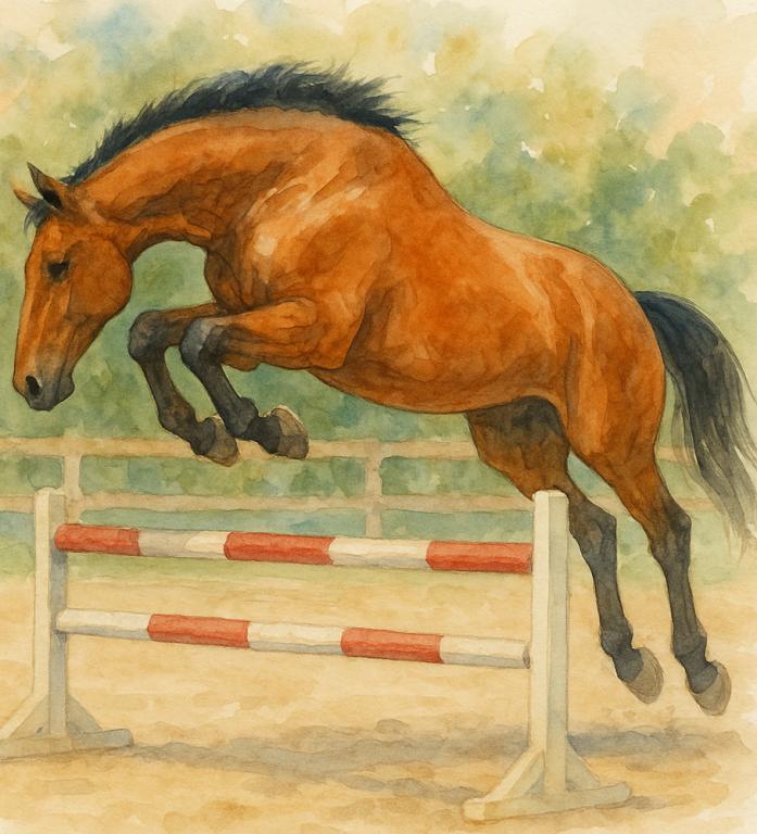 Aquarelle d’un cheval bai franchissant un obstacle de CSO rouge et blanc, illustrant élégance et puissance en saut d’obstacles.
