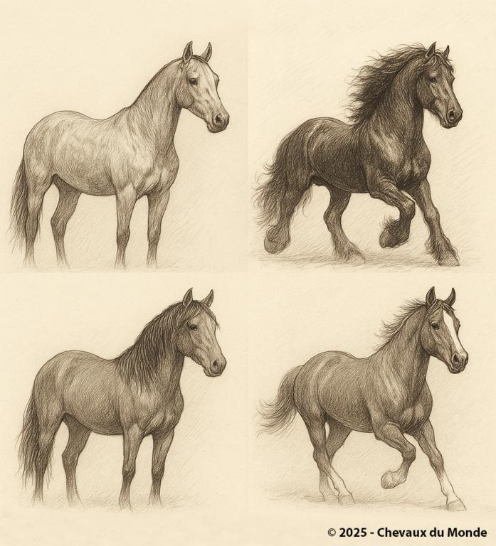 Dessin au crayon représentant quatre chevaux de différentes races, en style classique et réaliste.