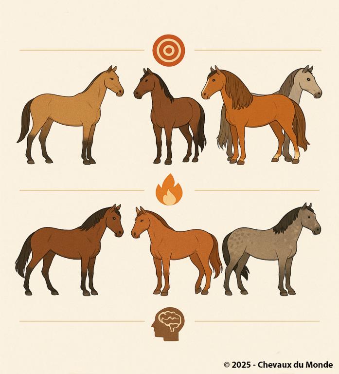 Infographie illustrée représentant douze chevaux classés par tempérament : calmes, sensibles, vifs et indépendants, sans texte descriptif.