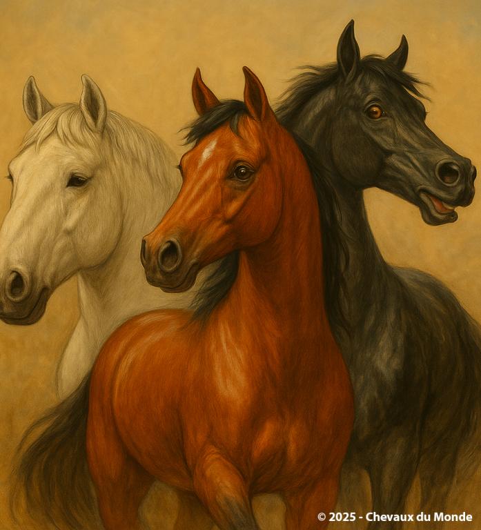 Trois chevaux de races différentes exprimant des tempéraments contrastés : l’un calme et paisible, un autre curieux et attentif, le dernier vif et énergique.