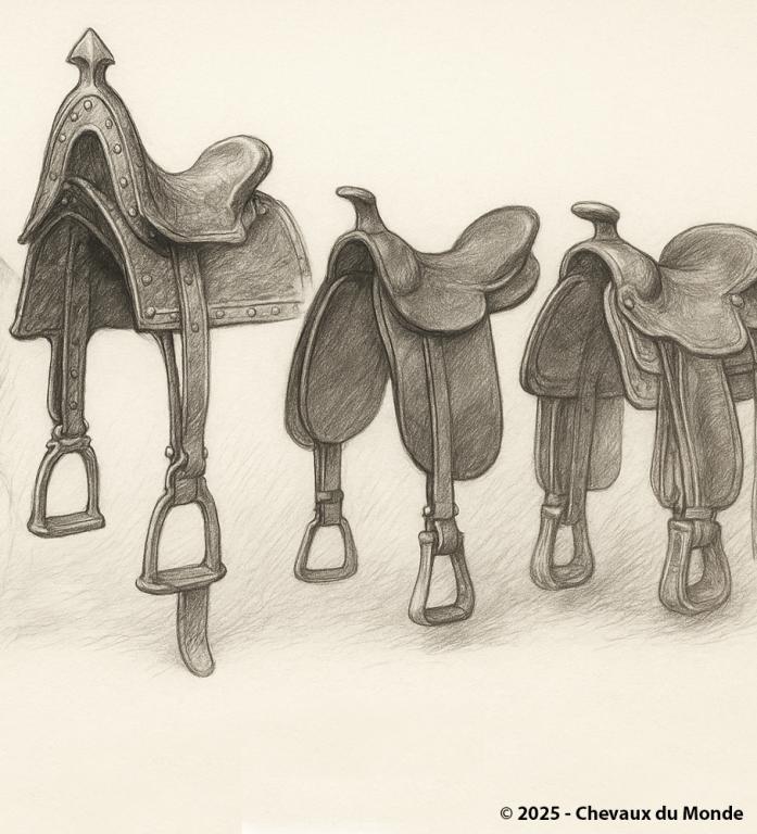 Dessin au crayon représentant plusieurs selles historiques, du Moyen Âge aux modèles modernes.