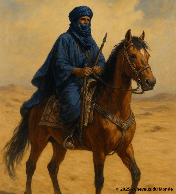 Cavalier touareg en turban bleu montant un cheval barbe dans le désert du Sahara.