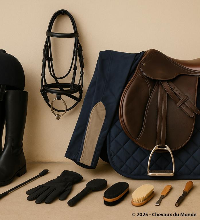 Matériel d’équitation pour débutant comprenant casque, bottes, gants, cravache, brosses, étrille, cure-pied, selle, tapis et filet.