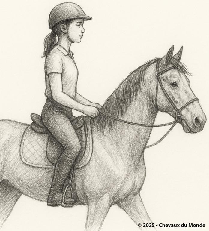 Dessin au crayon d’une cavalière débutante montant un cheval en filet simple, en profil latéral.