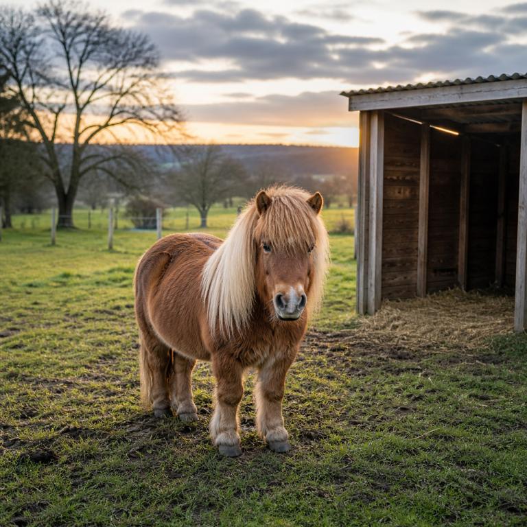 Poney au pré avec abri en bois dans un environnement rural