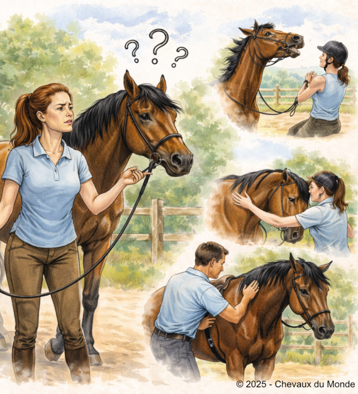 Illustration montrant un cheval semblant ne pas répondre aux demandes humaines, avec différentes situations illustrant incompréhension, stress et vérification physique.