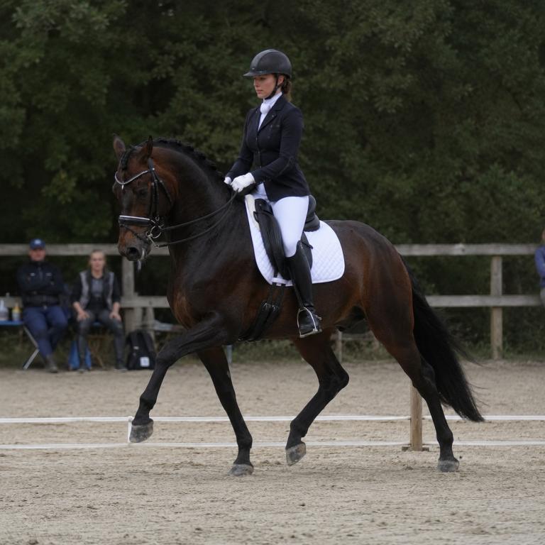 Cheval de dressage au trot rassemblé avec sa cavalière lors d’une compétition en carrière extérieure