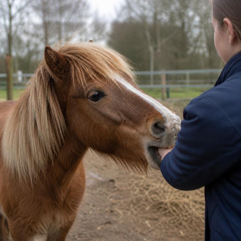Poney mordillant la main d’une personne dans un paddock