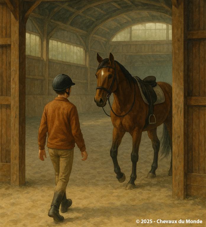 Jeune cavalier entrant dans un manège d’équitation, s’approchant calmement d’un cheval sellé.