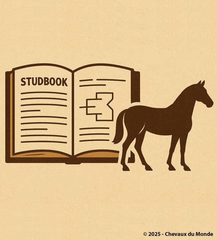 Illustration vintage représentant un stud-book ouvert avec des lignes symbolisant des informations généalogiques, et la silhouette d’un cheval noir à droite.