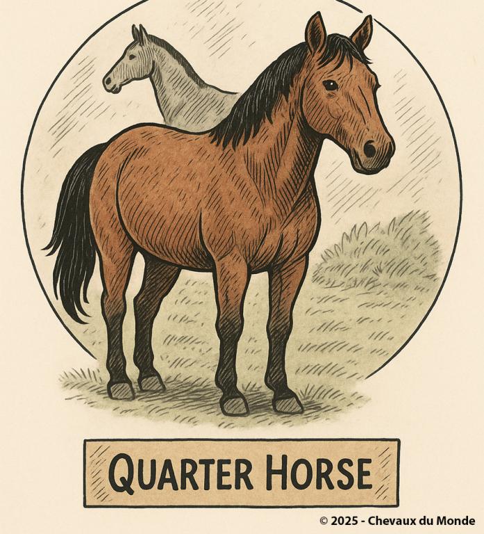Illustration dessinée de deux chevaux représentant les races Quarter Horse et Pur-sang, sur un fond clair avec des éléments décoratifs.