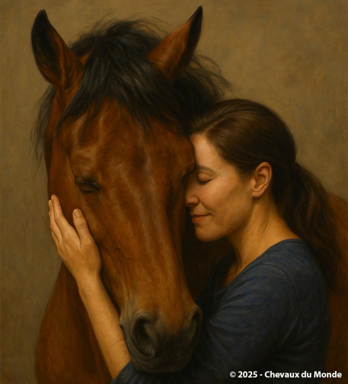 Femme enlaçant tendrement un cheval dans un paysage bucolique, peinture traditionnelle à l'huile.