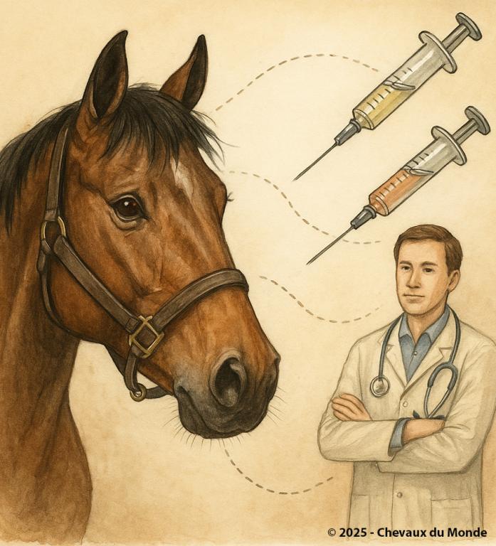 Illustration dessinée d’un cheval de profil avec un vétérinaire et des seringues symbolisant la vaccination équine.