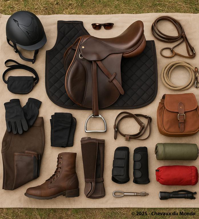équipement de base pour la randonnée équestre avec selle, casque, bottes, gants et sacoches disposés au sol