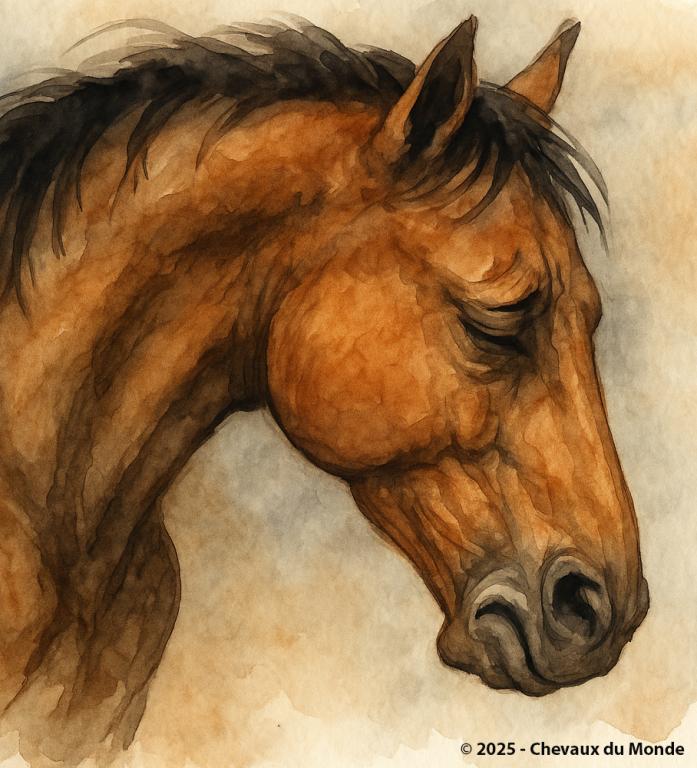 Aquarelle représentant la tête d’un cheval bai vu de profil, exprimant des signes de douleur subtile.