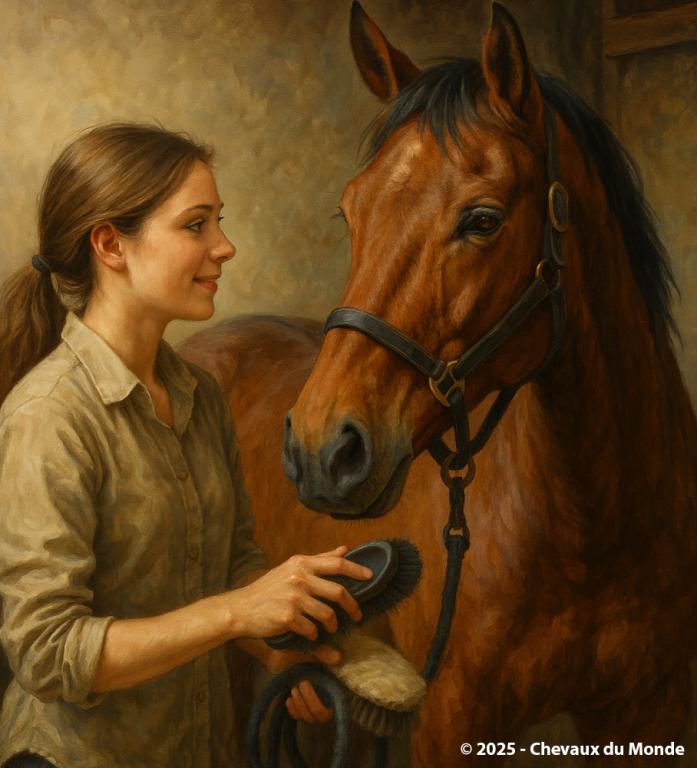 Femme souriante brossant un cheval bai dans une écurie, moment de complicité pendant le pansage.