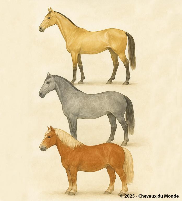 Illustration à l’aquarelle représentant trois chevaux de profil, empilés verticalement : un Akhal-Téké élancé (type longiligne), un Lusitanien équilibré (type médioligne) et un Haflinger compact (type bréviligne).