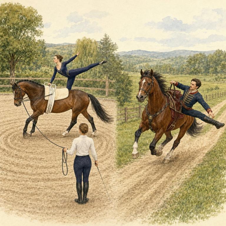 Comparaison entre une voltigeuse évoluant sur un cheval longé en cercle et un cavalier de voltige cosaque au galop.