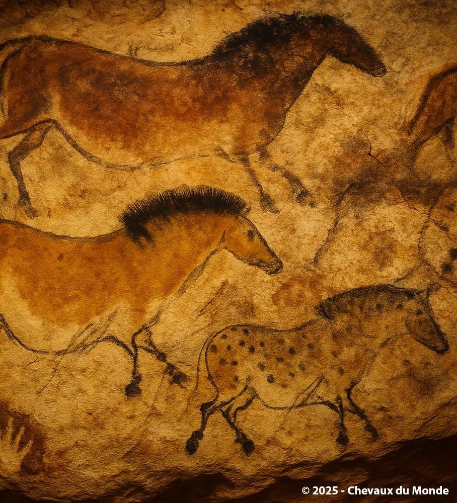 Prehistoric cave paintings of horses on a decorated rock wall, with detailed coat patterns and symbols in ochre and charcoal.
