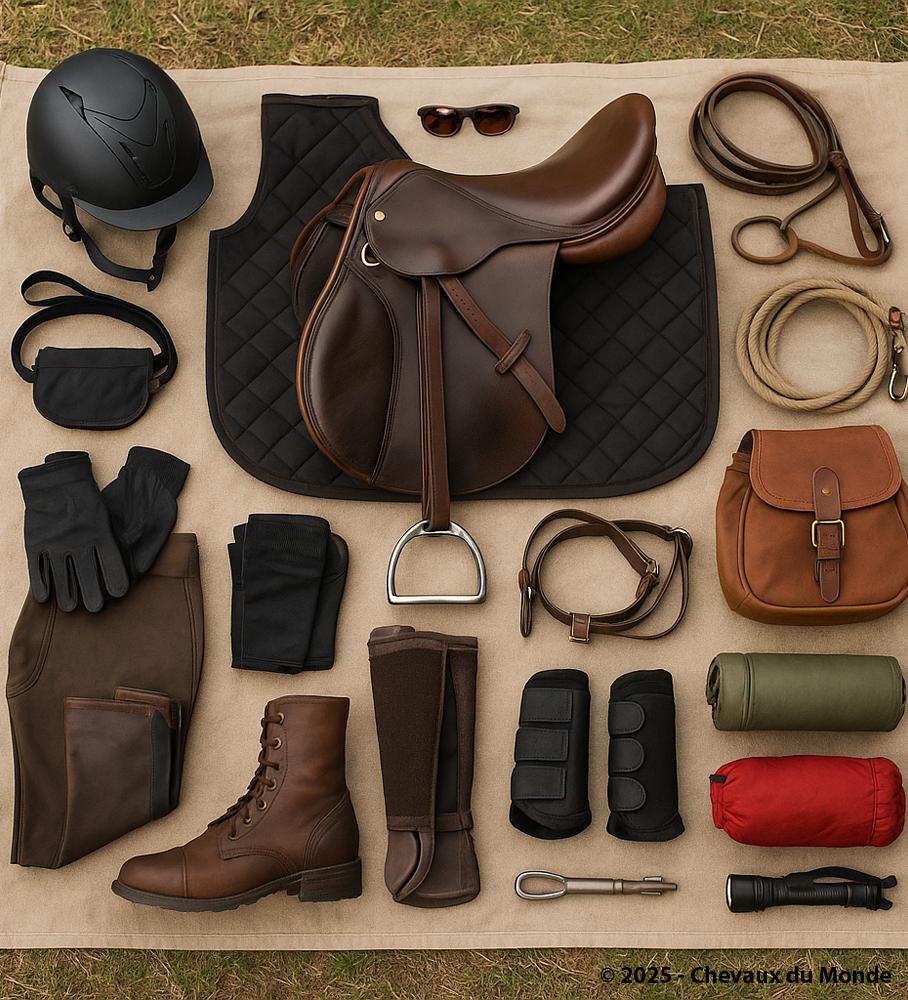 Basic horseback riding equipment for trail riding with saddle, helmet, boots, gloves and saddlebags arranged on the ground
