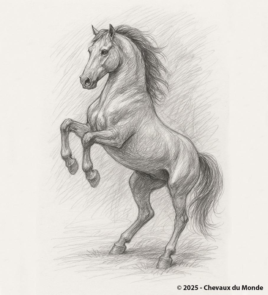 Pencil drawing of a rearing horse, capturing its power and elegance.