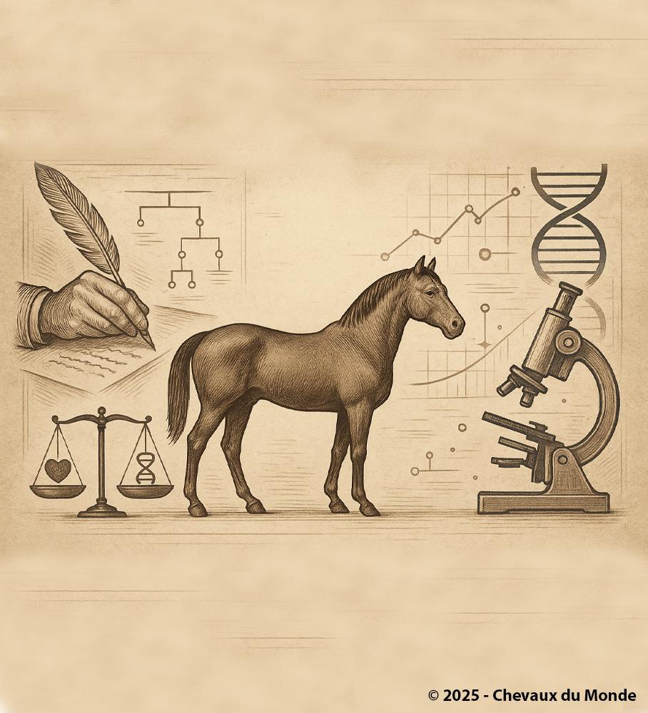 Vintage illustration showing a horse surrounded by symbols of traditional (hand, quill, genealogy) and scientific (DNA, microscope, scale) selection.