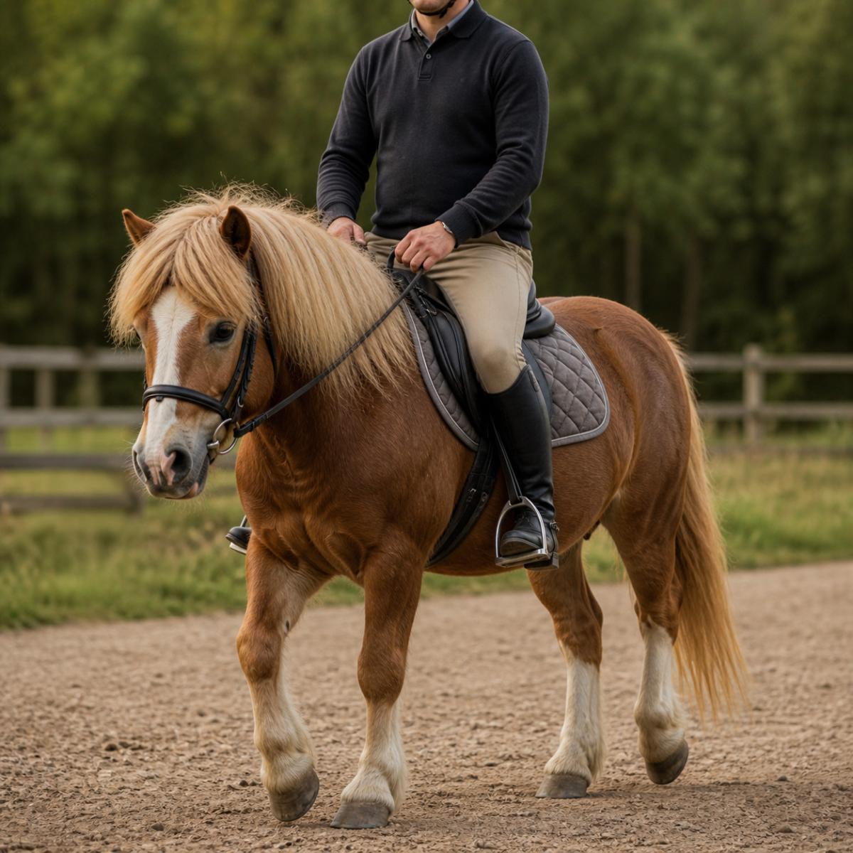 Adult riding a sturdy pony outdoors in a natural setting