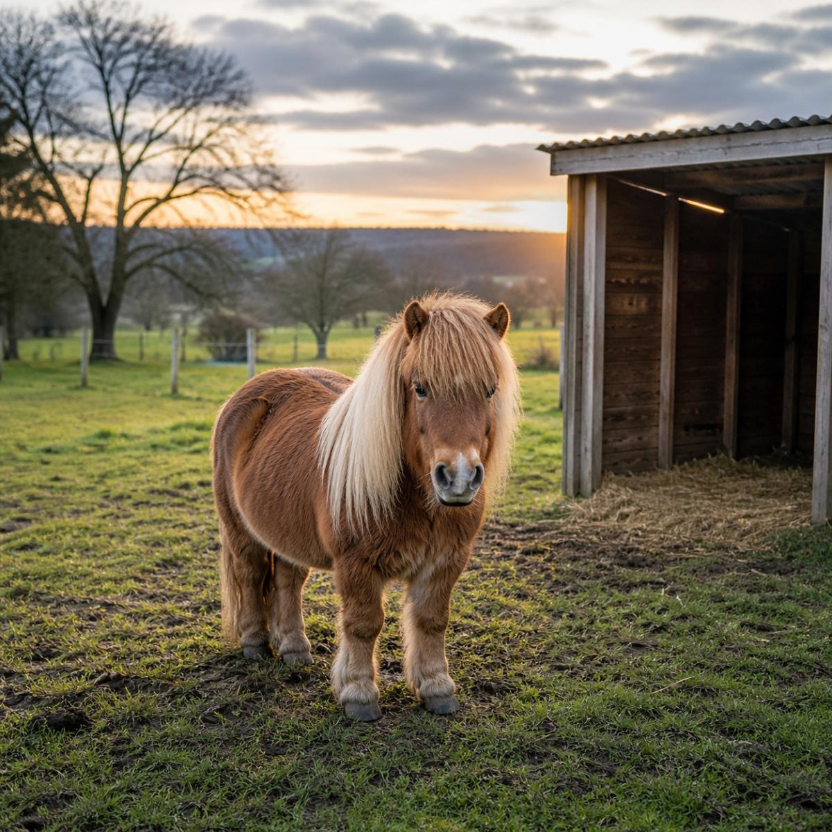 Pony in a pasture with a wooden shelter in a rural setting