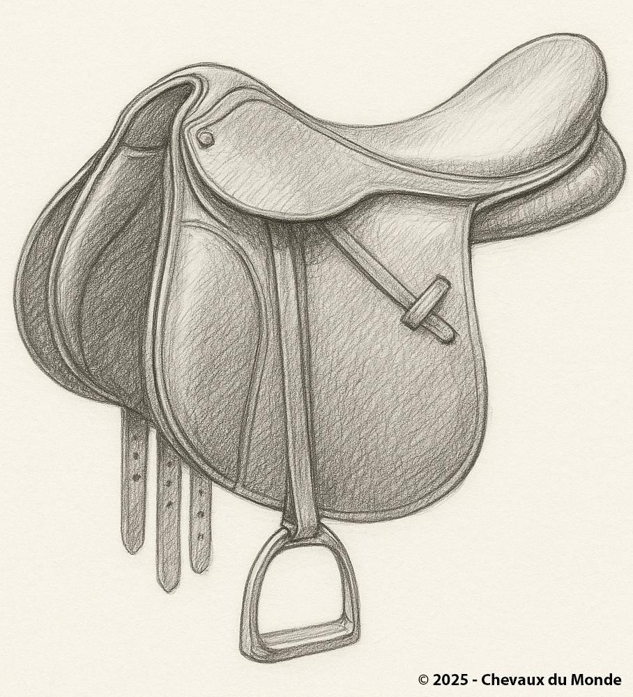 Pencil drawing of a classic horse saddle in side view.