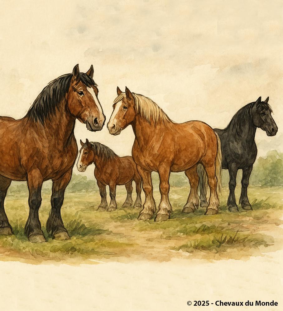 Watercolor illustration of four massive draft horses in a rural landscape.