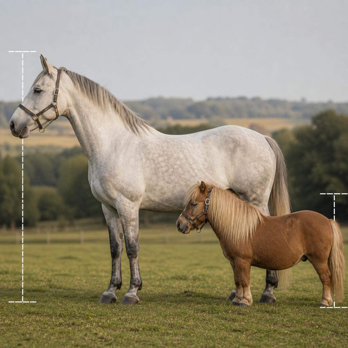 Gray horse and brown pony standing side by side in a meadow showing the size difference between horse and pony