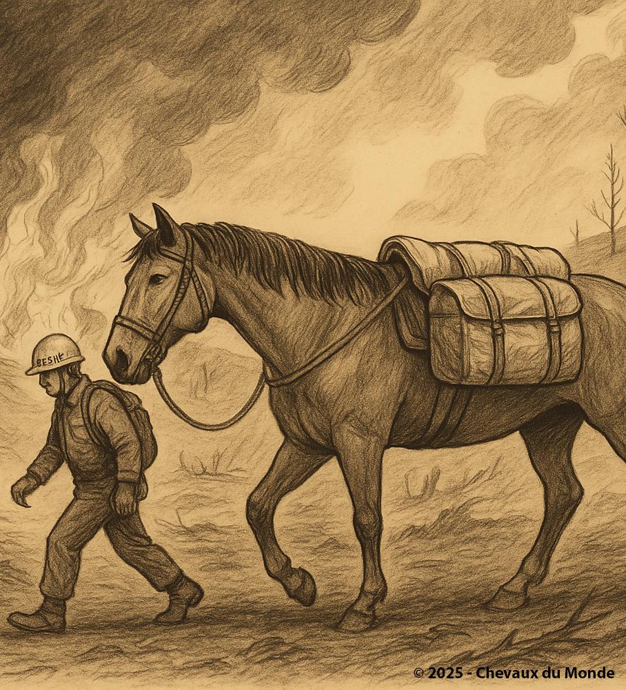 Vintage sepia illustration showing a rescuer leading a horse carrying humanitarian supplies through a burned landscape, symbolizing the role of equids in disaster management.
