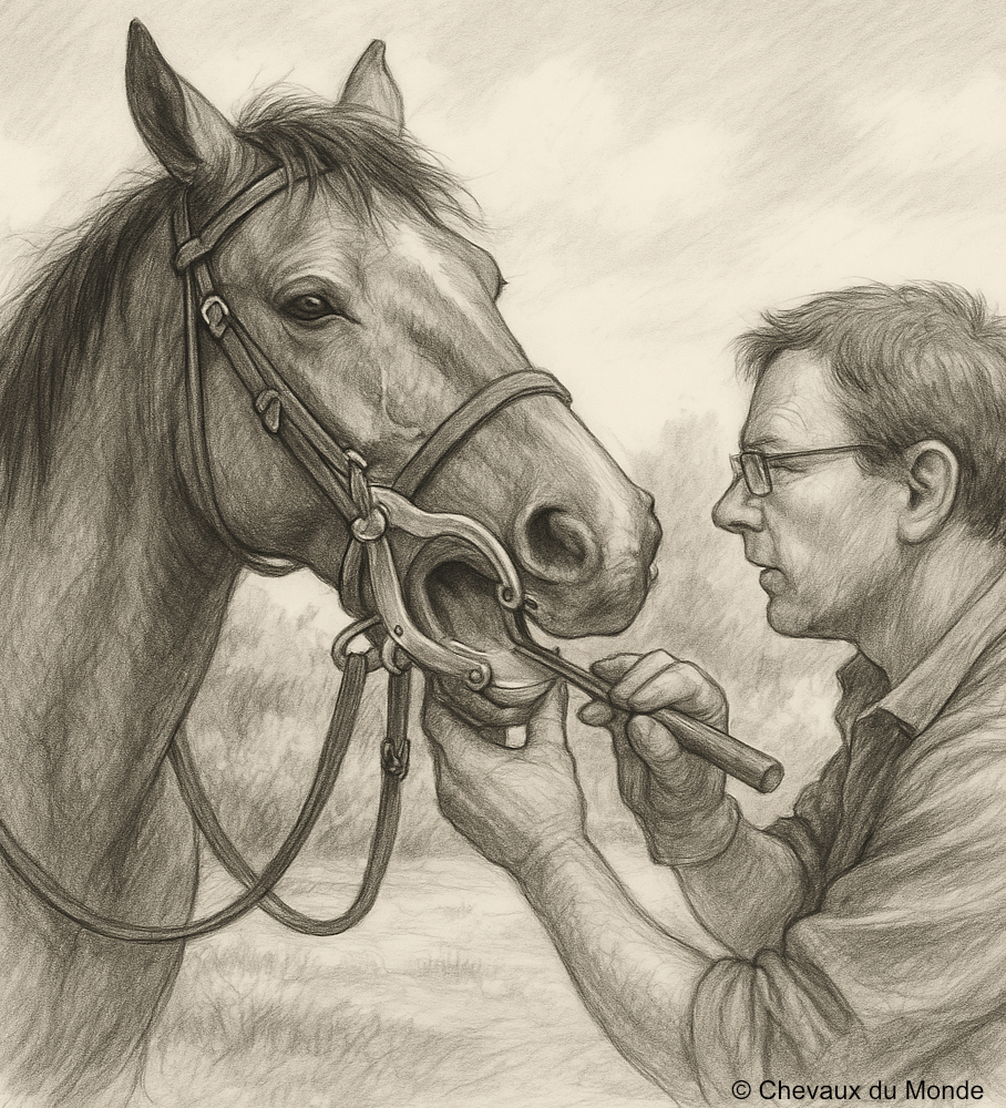 Pencil illustration of an equine dentist examining a horse’s mouth using a speculum, in a realistic outdoor scene.