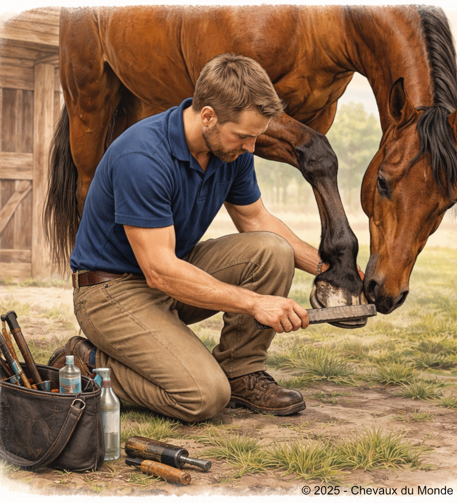 Equine podiatrist performing a physiological barefoot trim on a horse’s hoof using a rasp, focusing on natural biomechanics.