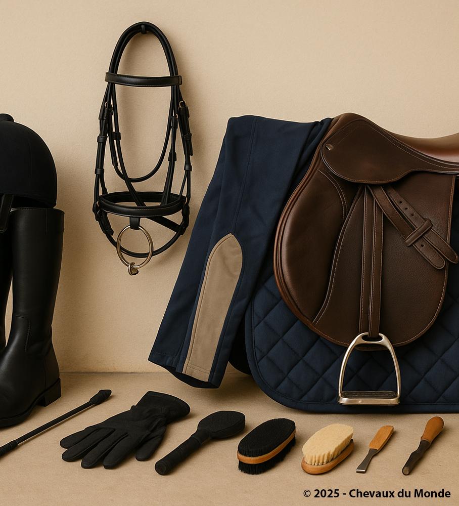 Beginner horse riding equipment including helmet, boots, gloves, crop, brushes, hoof pick, saddle, saddle pad, and bridle.