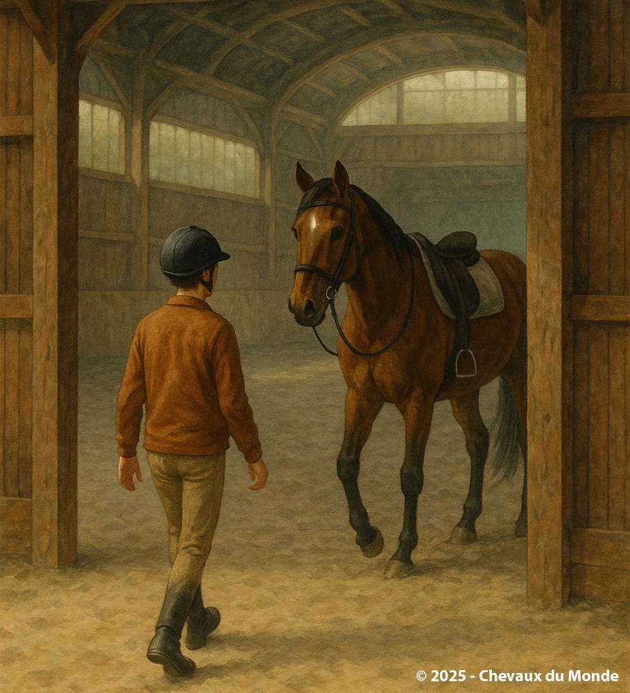 Young rider entering an indoor arena, calmly approaching a saddled horse.