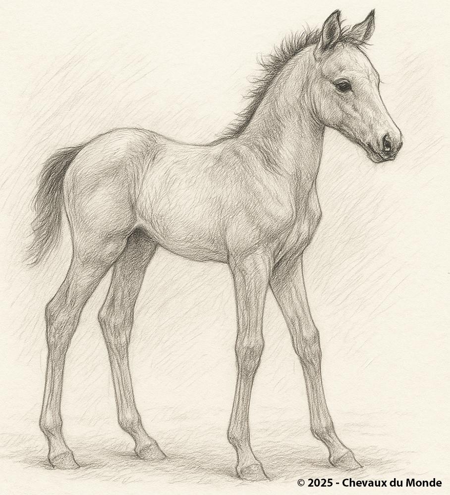Pencil drawing of a young foal standing in side profile