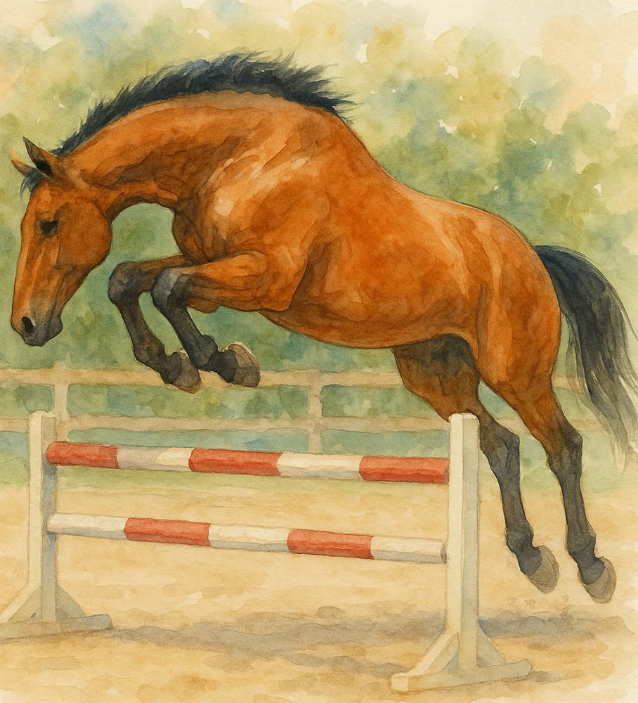 Watercolor painting of a bay horse clearing a red and white show jumping fence, illustrating elegance and power in show jumping.