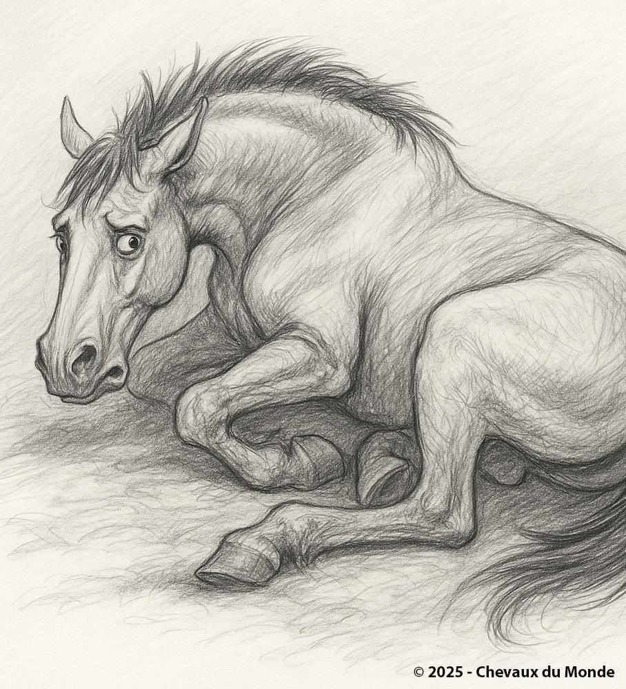 Horse lying on the ground in a painful position, pencil drawing, representing equine colic.