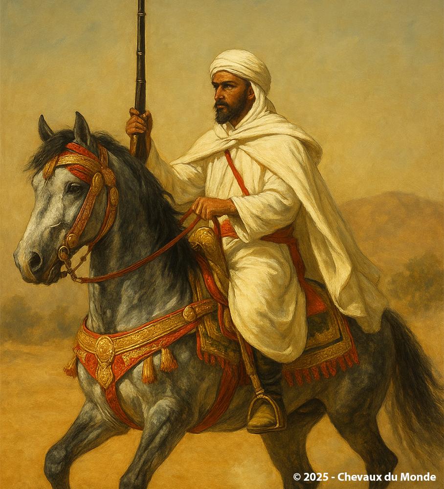 Moroccan rider in traditional attire on a richly adorned Barb horse, galloping through the desert during a fantasia.