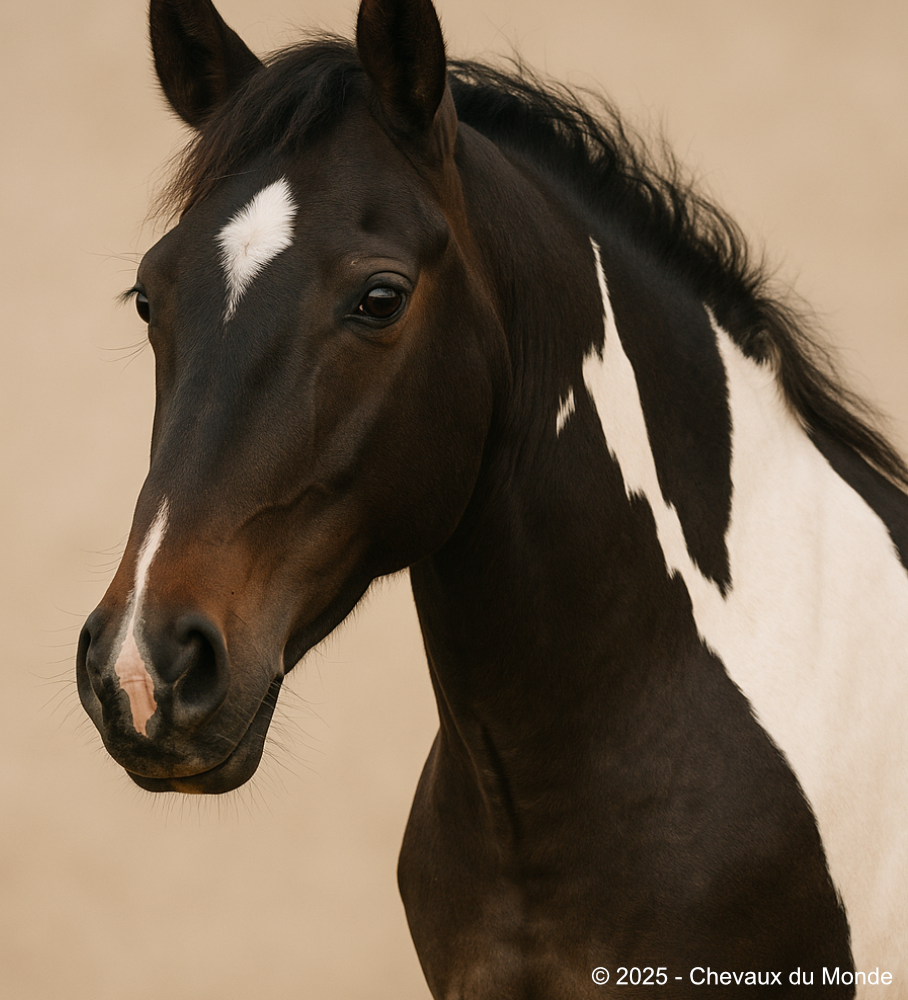 Bay pinto horse in profile, with a large white marking on the neck.