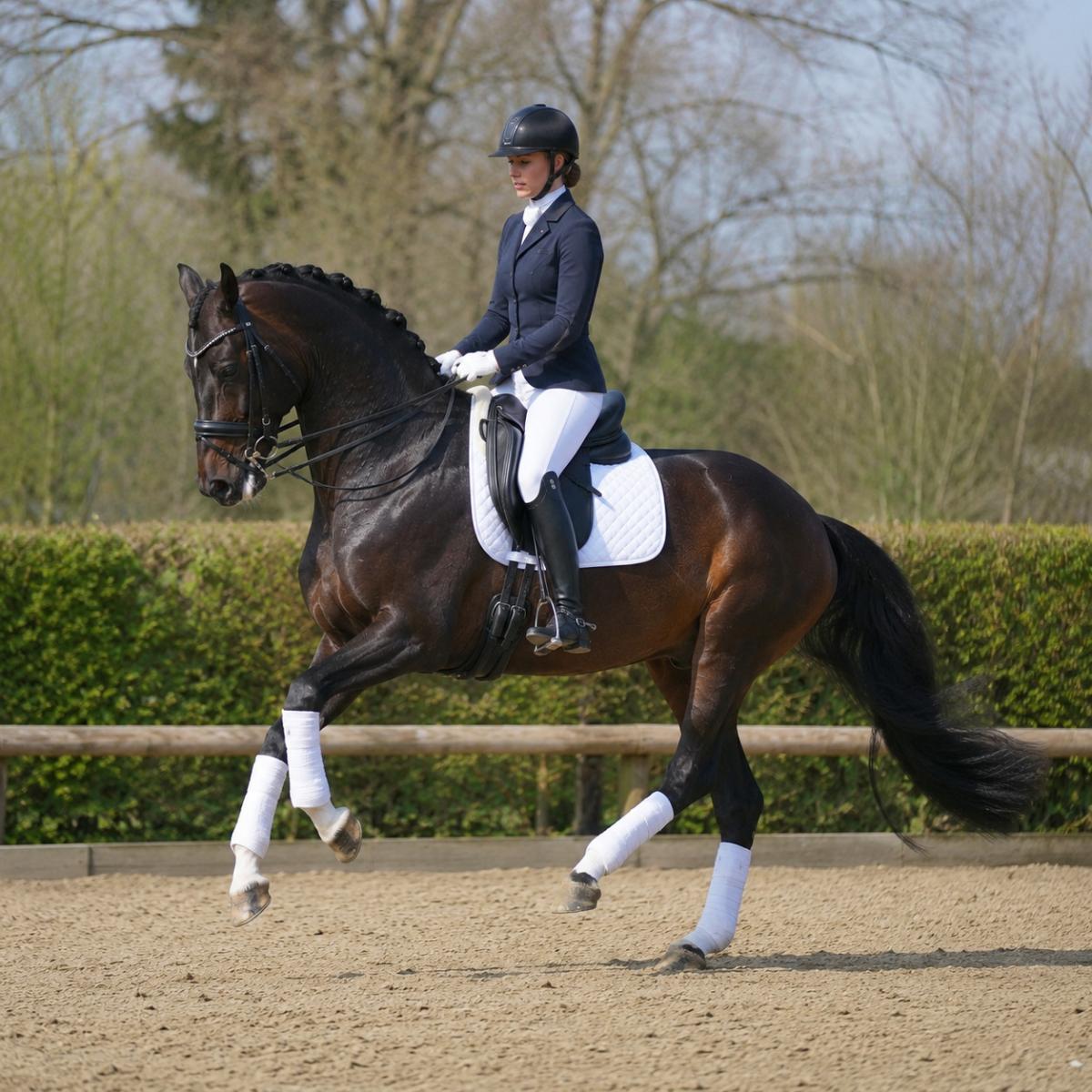 Dressage horse performing a flying change with its rider in an outdoor arena